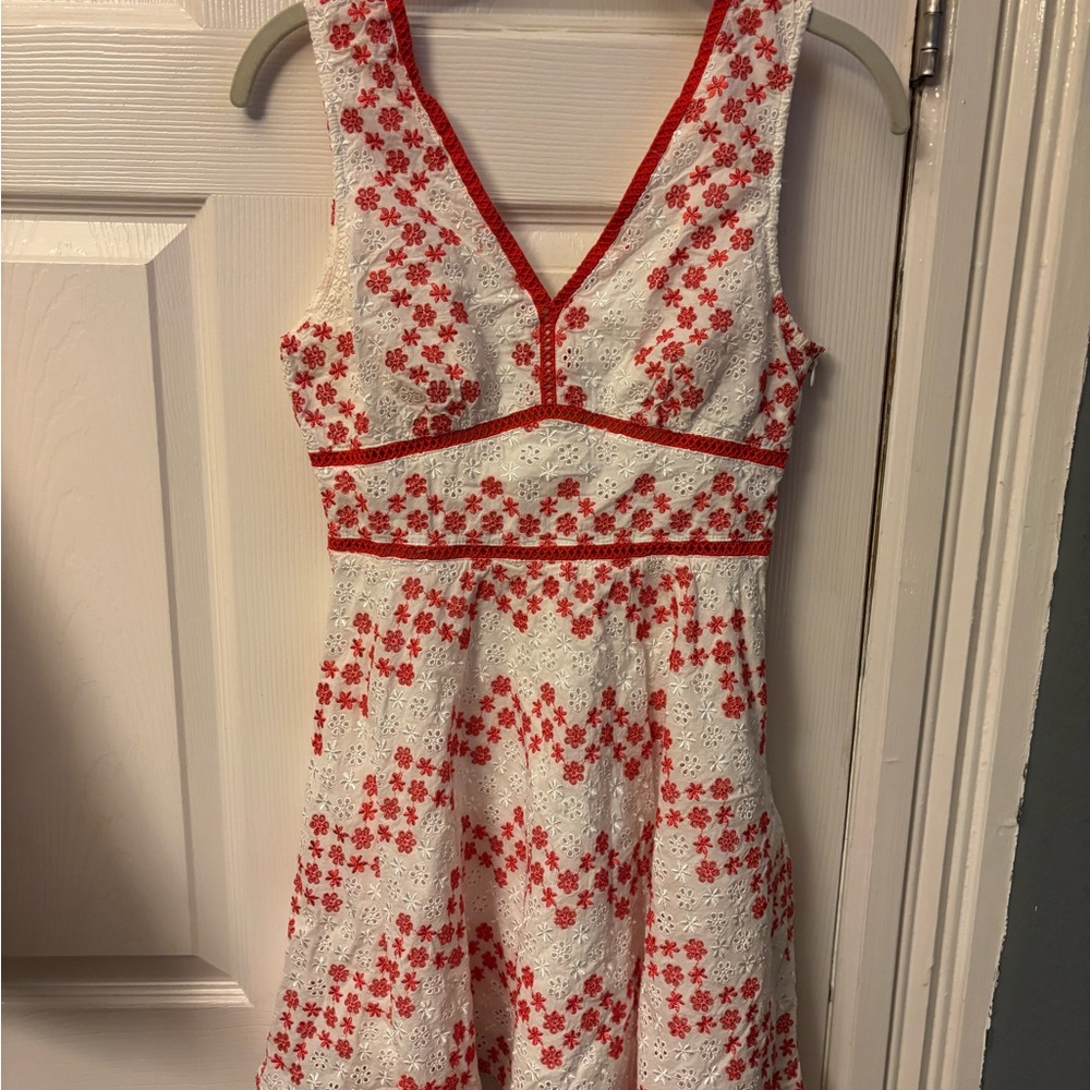 Blue Rain White Eyelet Dress with Red Floral Embroidery